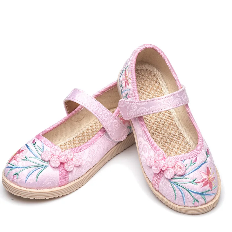 

Kids Embroidered Shoes Chinese Style Cotton Cloth Shoes Children Flat Dance Performance Princess Shoes for Girls Pink Beige