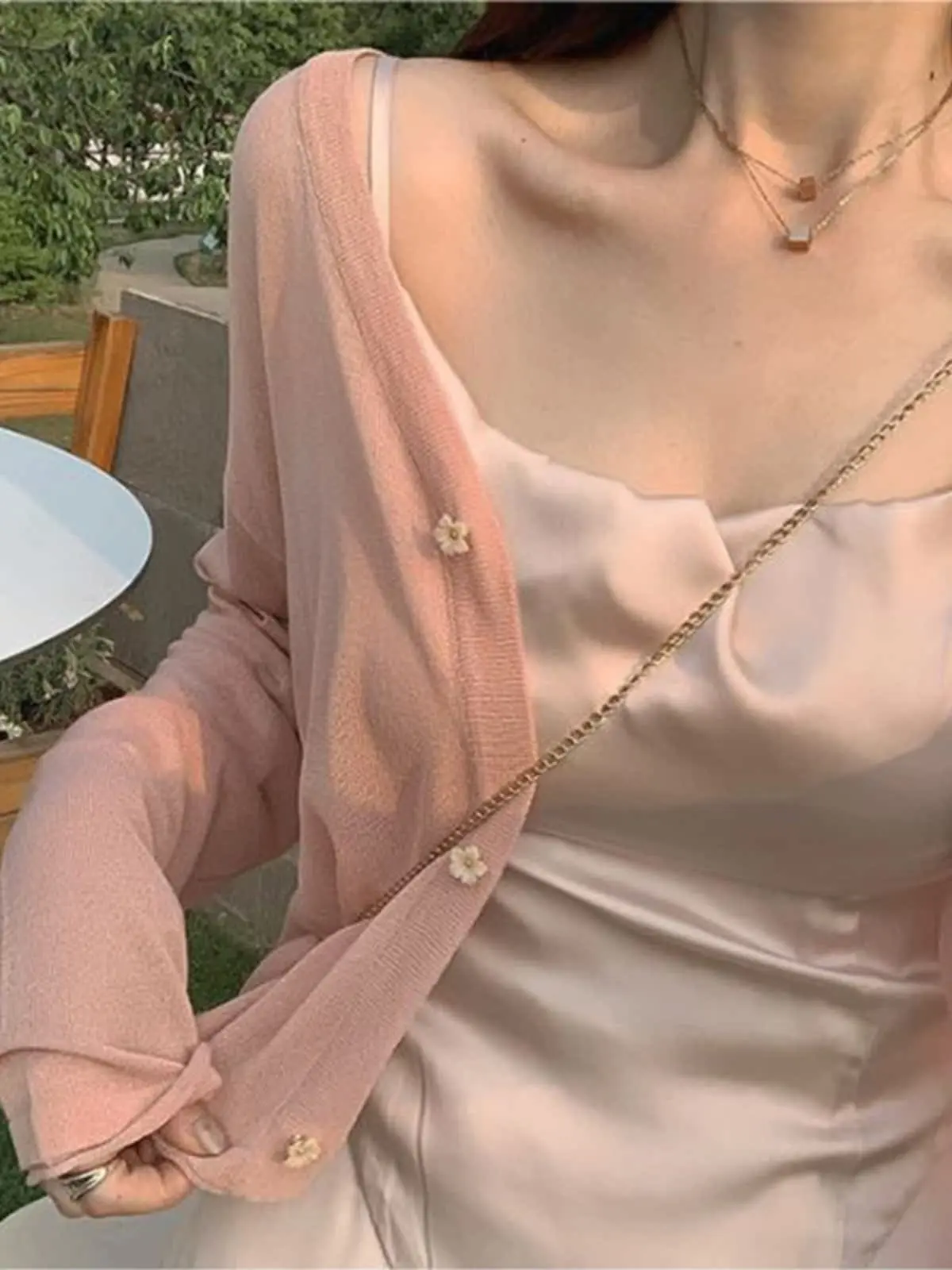 

Pink Ice Silk Knitted Cardigan Short Sleeveless Women's Summer Top V-Neck Color Long Sleeve Open Front Knitwear