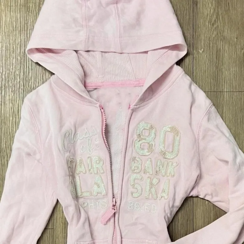 خريف جديد خمر الوردي رسالة هوديس لطيف فتاة Y2K زمم هوديي معطف تنوعا الرجعية العمر الحد البلوز Kawaii الملابس