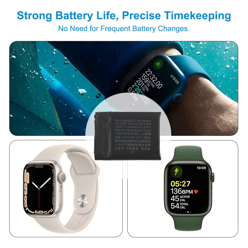 A2663 Replacement Battery for Apple Watch Series 7 41mm A2475 A2476 3.85V 10.94Wh/284mAh