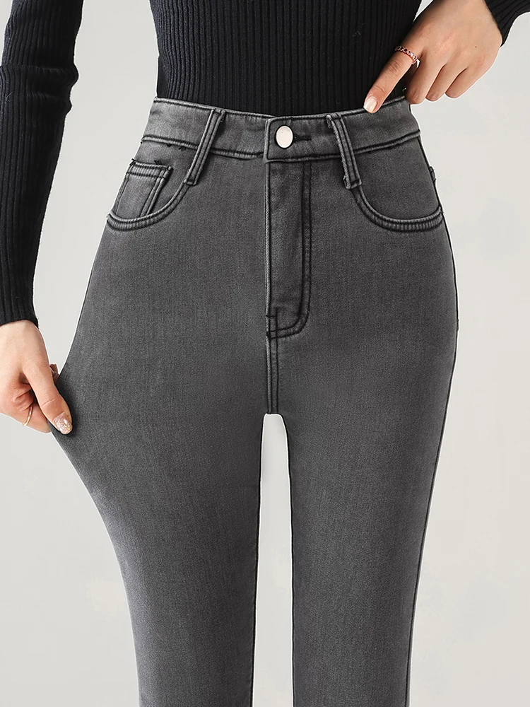 High Waist Fleece Lined Thickened Skinny Jeans Women's Denim Pants Autumn Winter Slimming Tight Pencil Pants Grey Smoke