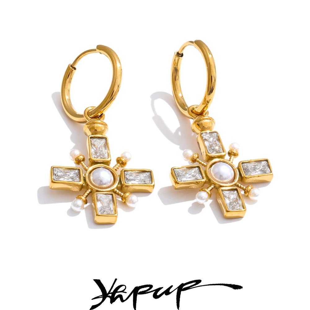 Yhpup High Quality Zirconia Pearls Cross Drop Hoop Earrings Golden Stainless Steel Temperament Arrivals Daily Jewelry Gift