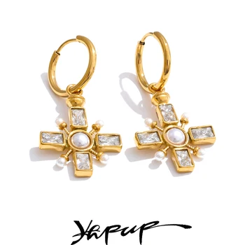 Yhpup High Quality Zirconia Pearls Cross Drop Hoop Earrings Golden Stainless Steel…
