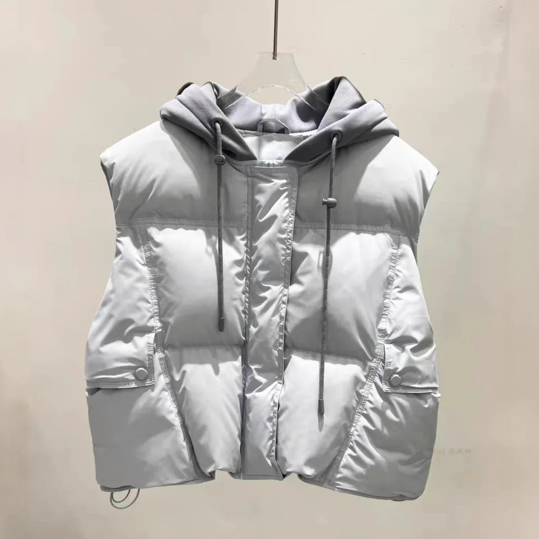 2026 Otoño Invierno Patchwork con capucha Puff chaleco femenino cremallera cordón acolchado chaleco mujeres pato blanco abajo chalecos cálidos