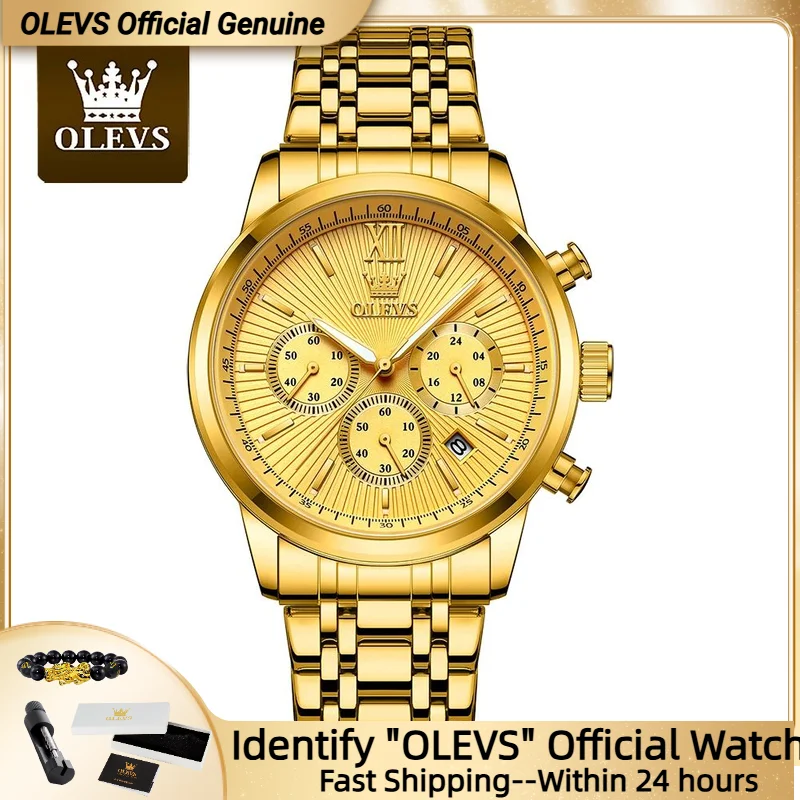 

OLEVS Quartz Watch for Men TOP Brand Gold Wristwatch Three Small Dials Chronograph Date Men's Watches Original 2023 Trend New