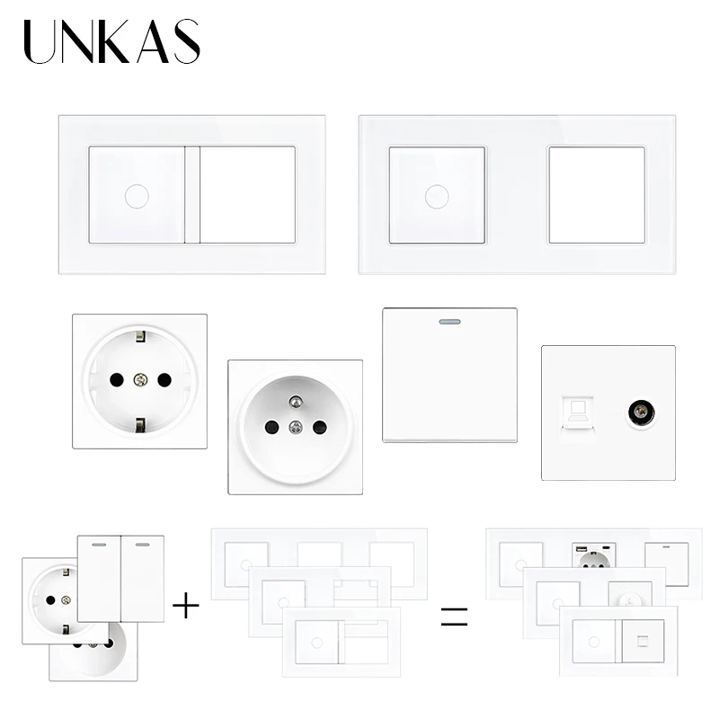 

UNKAS Glass Panel Light Switch EU French 5 Hole Electrical Outlets Type C Usb Socket TV RJ45 Only Touch Module DIY