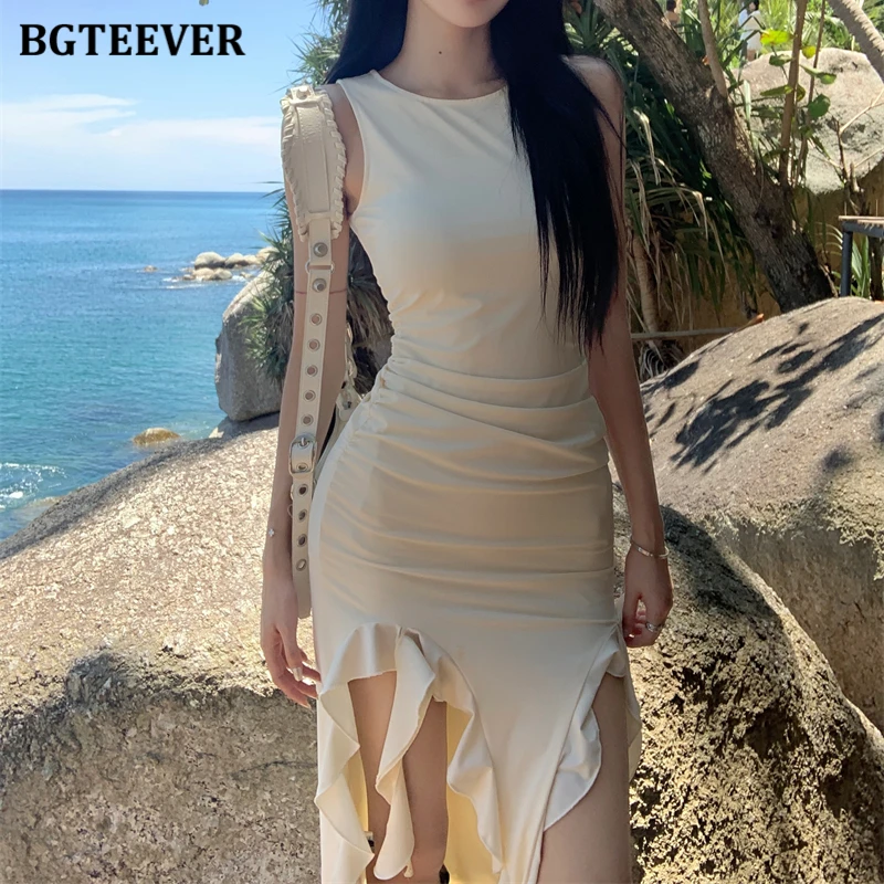 

BGTEEVER Fashion O-neck Female Irregular Package Hip Dress Spring Summer Slim Women Sleeveless Bodycon Dress Ladies Vestidos