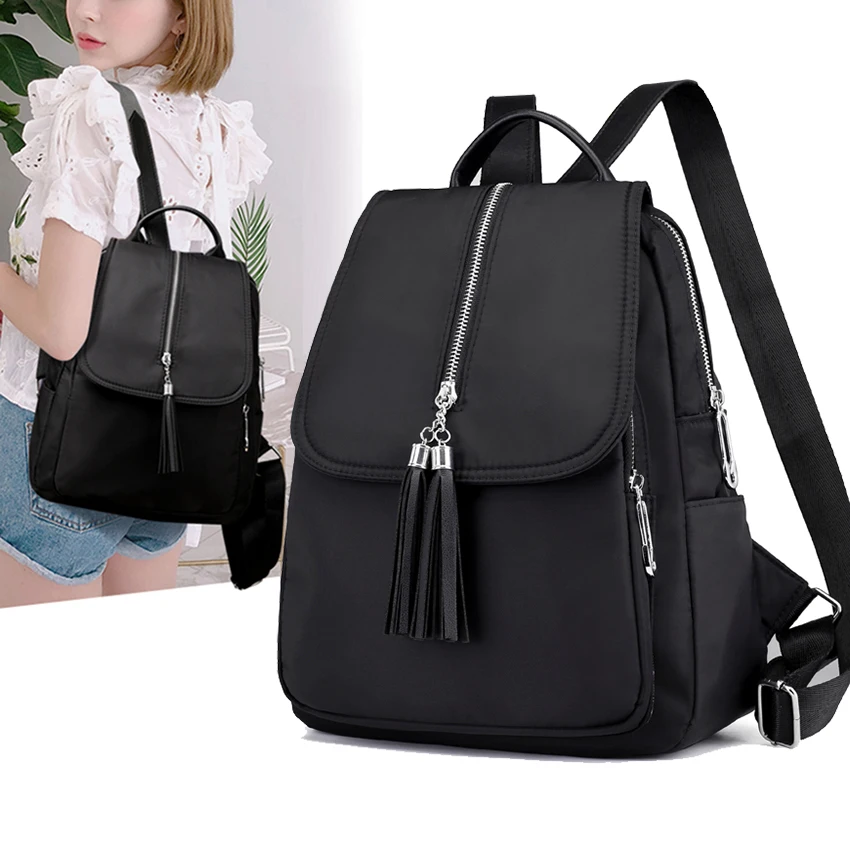 backpack women hiking tassels black waterproof Oxford cloth School bag new fashion casual cute light black backpack girl