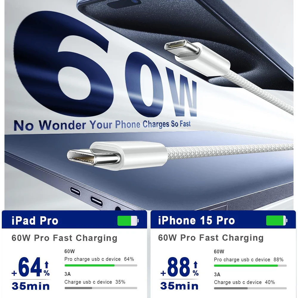 الأصلي USB C كابل 60 واط لابل آيفون 17 16 15 برو ماكس نوع C كابل لسامسونج S24 23 22 Xiaomi نوع C النسيج كابل