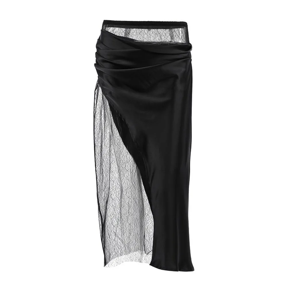 Asymmetric Splice Wrap Skirt Unique Silhouette Surround Cut Line Lace Hem Garment Romantic Hem Detail Sheer Lace Trim