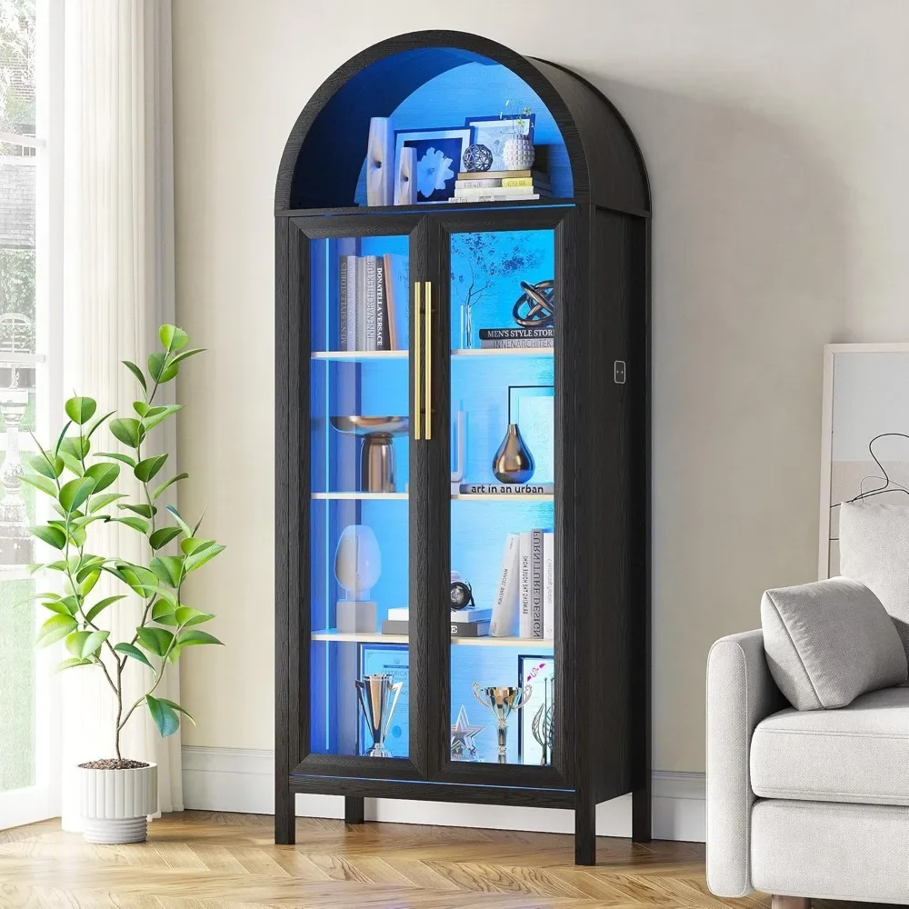 

68" Arched Display Cabinet - 5-Tier Curio Bookcase w/ Glass Doors & 3-Color LED Lights, Collectibles Storage"