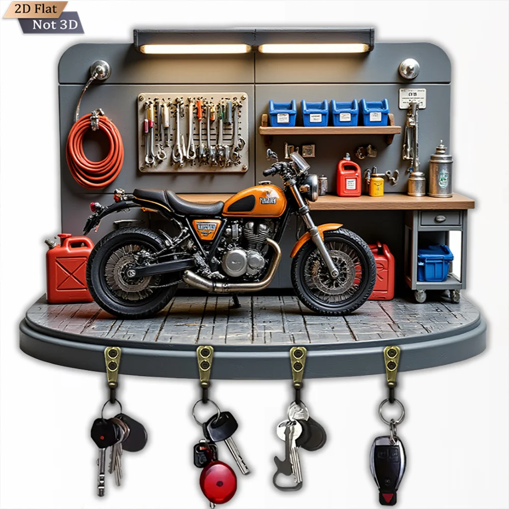2D Flat, 1pc, Motorcycle Key Hook, Wooden Multifunctional Home House Key Hook with Four Metal Hooks, Wall Decoration, Porch