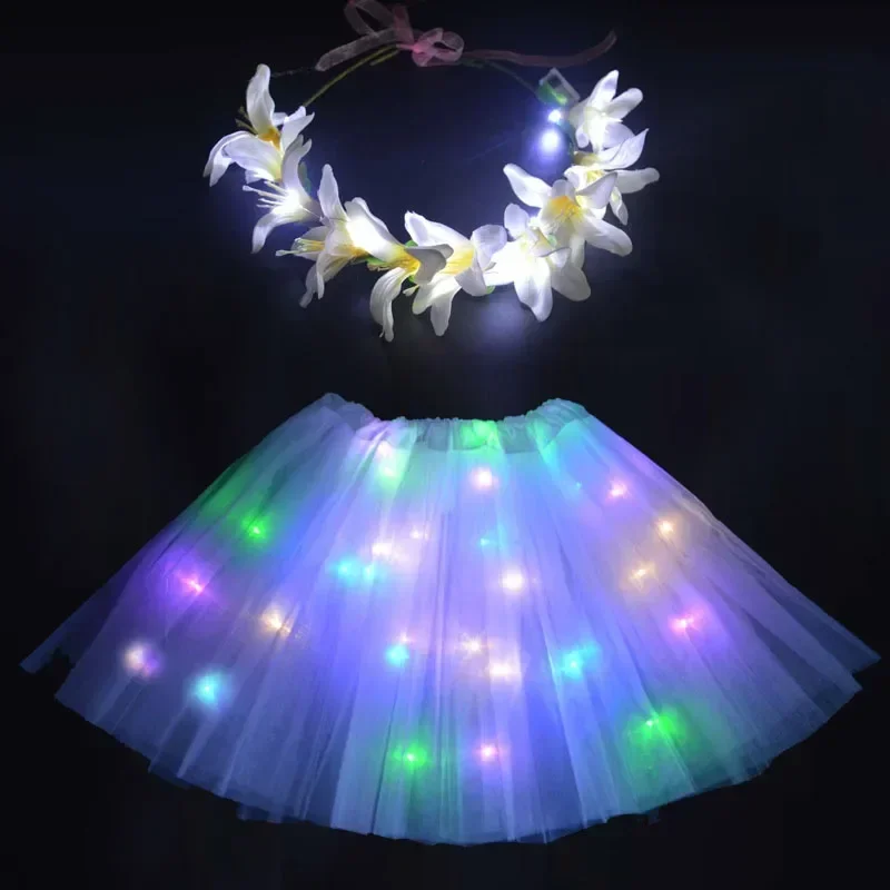 Jupe Tutu lumineuse pour enfants et femmes et filles, couronne de fleurs scintillantes, bandeau, cadeau de fête, Festival de mariage, Halloween, noël