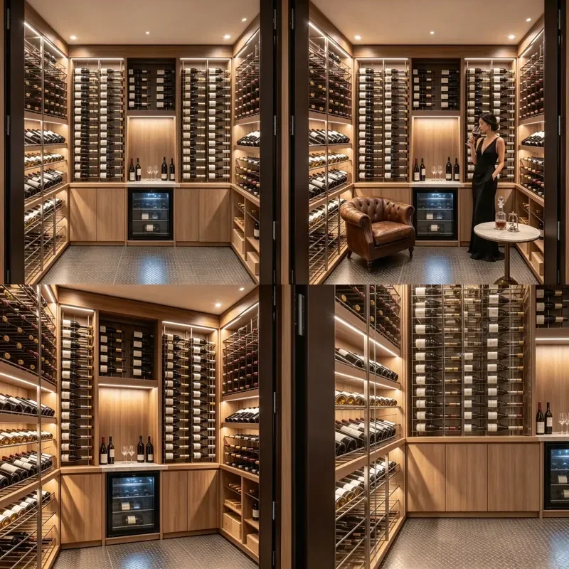 for Custom Oak Solid Panel Wine Cellar Cabinet Stainless Steel Wine Rack LED Lighting Environmentally Friendly Modern Simple