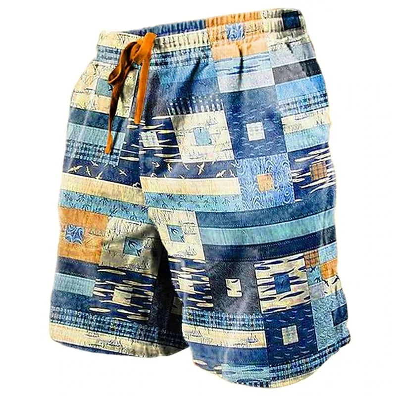 3D Print Geometric Stripe Short Pants For Men Color Block Pattern Swim Trunks Casual Swim Beach Shorts Sports Surf Board Shorts