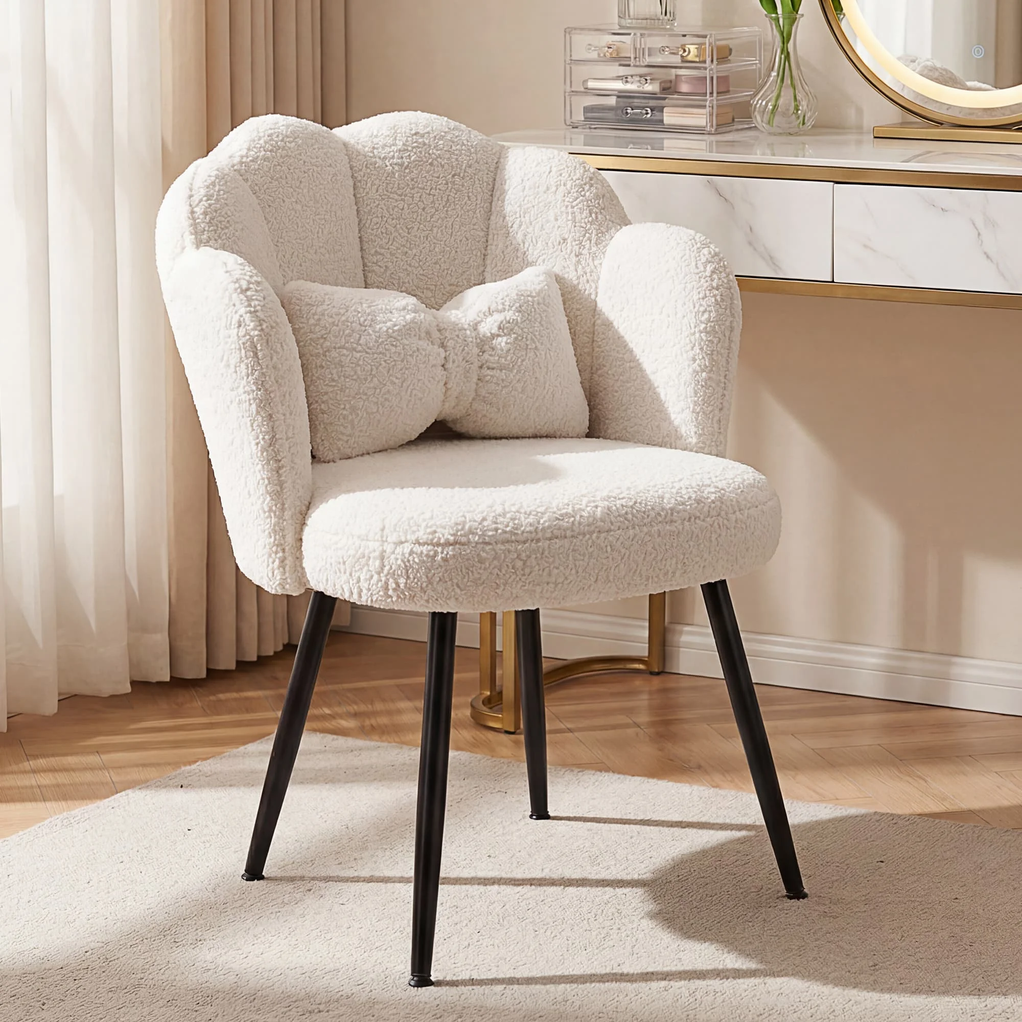 EnHomee Comfy Teddy Fleece Vanity Chair, Petal Backrest Armless Desk Chair with Bow-Tie Pillow, Matte Black Metal Legs Accent Chair, Adjustable Feet Leisure Chair for Living Room, Makeup Room, Bedroom, Small Space