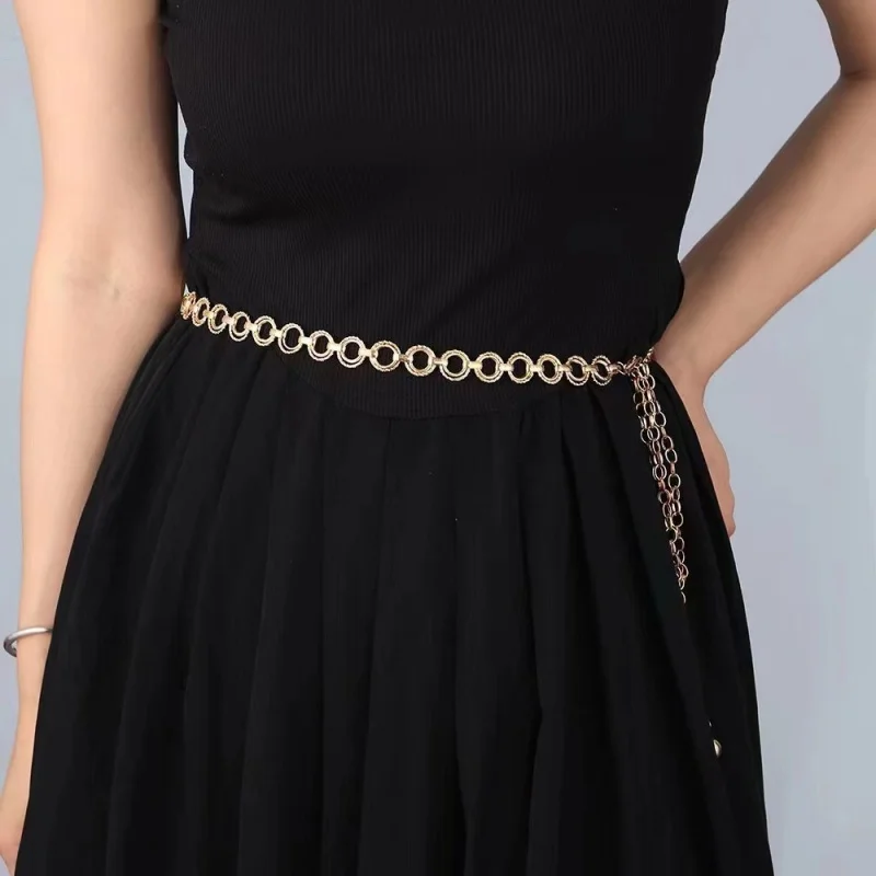 Women Fashion Belts Hip High Waist Gold Silver Circular Round Metal Chains Fringes Corset Chain