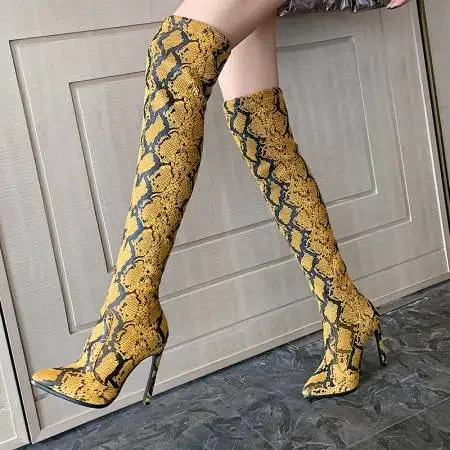 Women Sexy Leopard Print Elasticity Boots Female Over The Knee Thigh High Fur Boot Pointed Toe High Heels Lady Winter Cloth Shoe