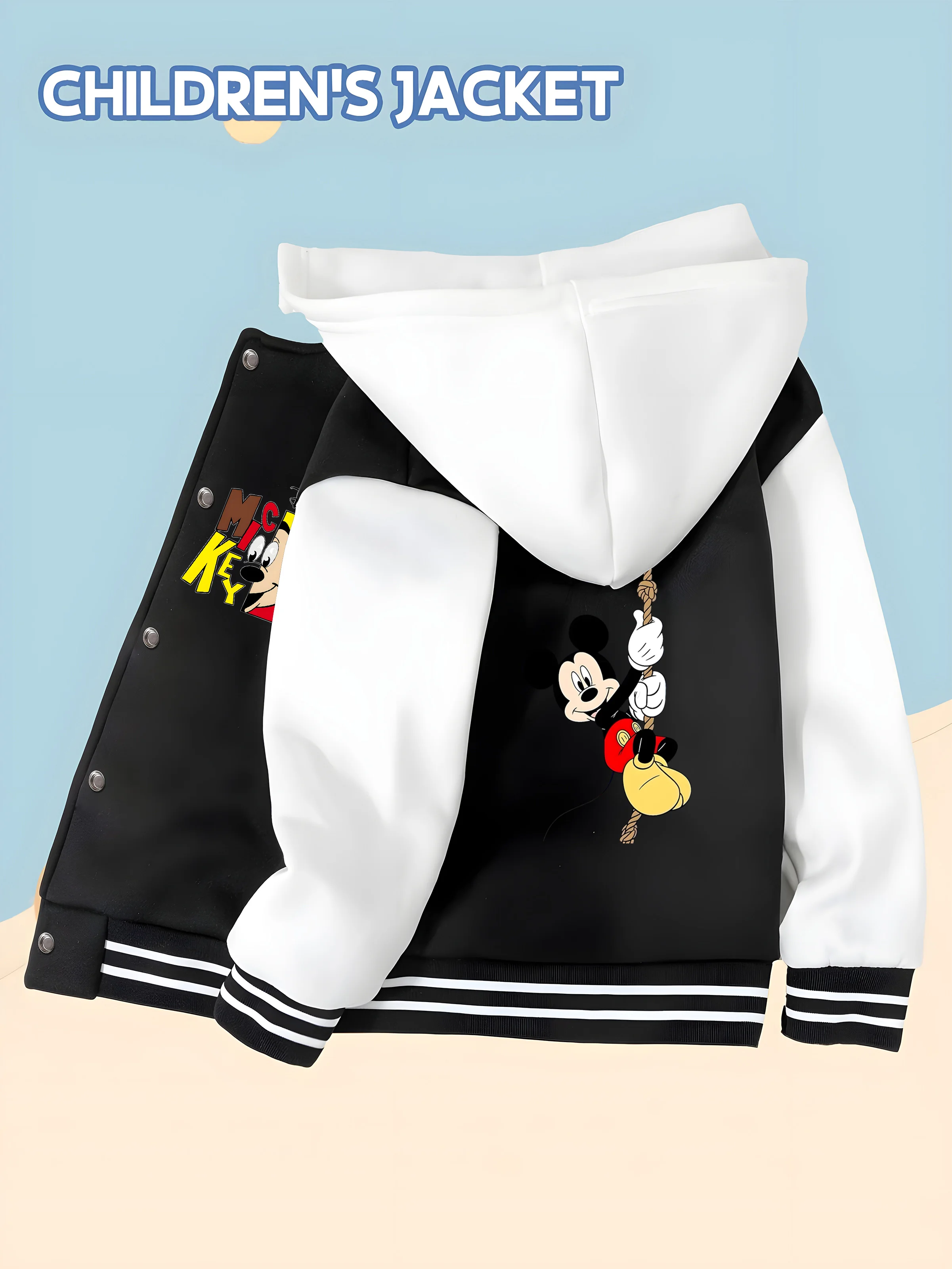 

MINISO Disney Stitch cute boy baseball jacket - double-sided Stitch print, black and white classic trendy everyday versatile