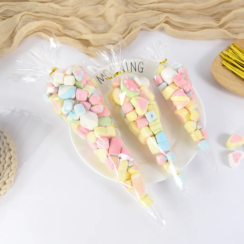 50 Stück 3 Größen transparente OPP-Plastiktüten Hochzeit Geburtstag Party Dekoration Popcorn Süßigkeiten Verpackungsbeutel Kegel Aufbewahrungstasche Gastgeschenk