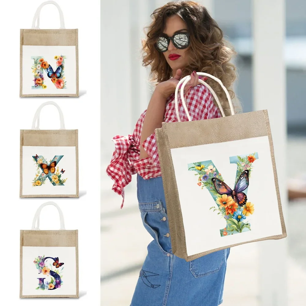Large Capacity Travel Gunny Bag Linen Shoulder Bag Butterfly Letter Printing Pattern Jute Imitation Sack Women's Shopping Bag