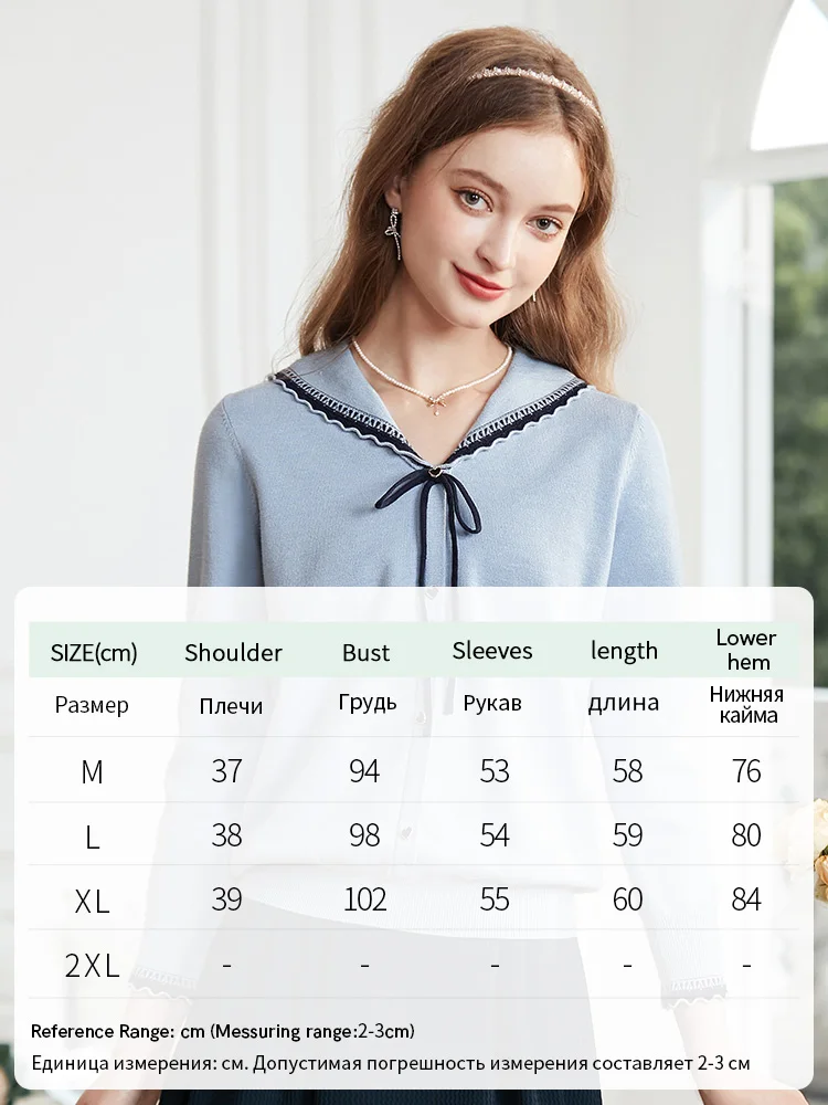 I BELIEVE YOU Sweater Women 2023 Autumn Blue Peter Pan Collar Long Sleeve New Chic Beautiful Solid Bow Lace-up Shirt 2233125242