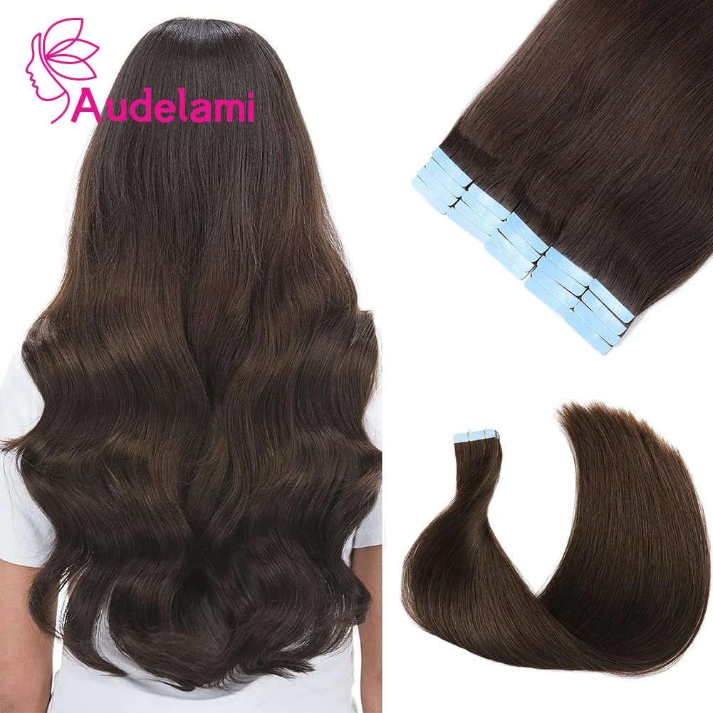 Audelami เทปต่อผมมนุษย์ # 2 สีน้ําตาลเข้ม Remy ผมมนุษย์ 10 ชิ้น 20 กรัม/แพ็ค Silky ตรงผมมนุษย์จริง 18"