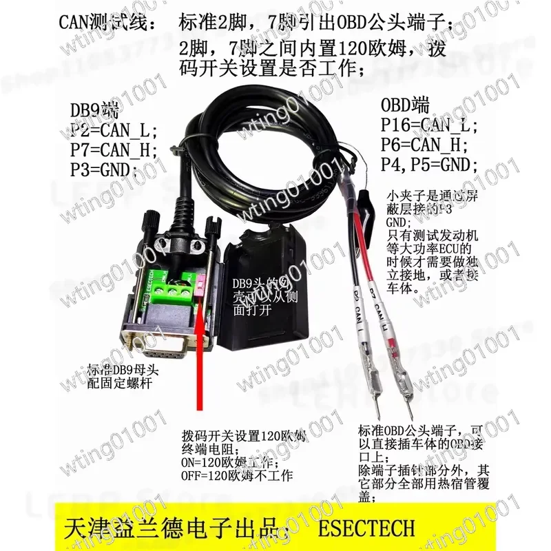 for KVASER LeafLight Analyzer OBD Cable 2 Pin 7 Pin Terminal with 120 Ohm Resistor Switch Diagnostic Tool Lead Out Wire