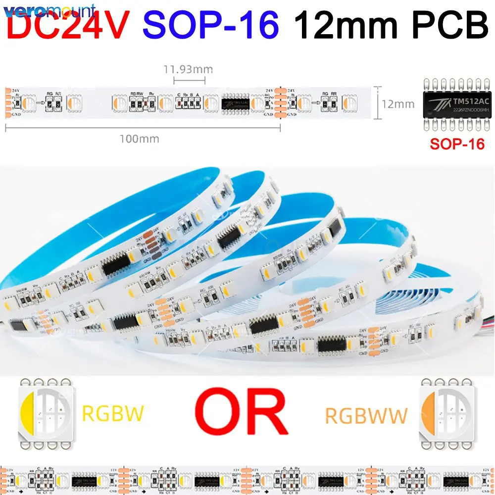 DMX adresowalny DMX512 LED Pixel LED pasek RGBW 4 w 1 SMD 5050 zewnętrzny IC TM512AC SOP10 SOP16 DC 12V 60 diod/m 12 10mm PCB