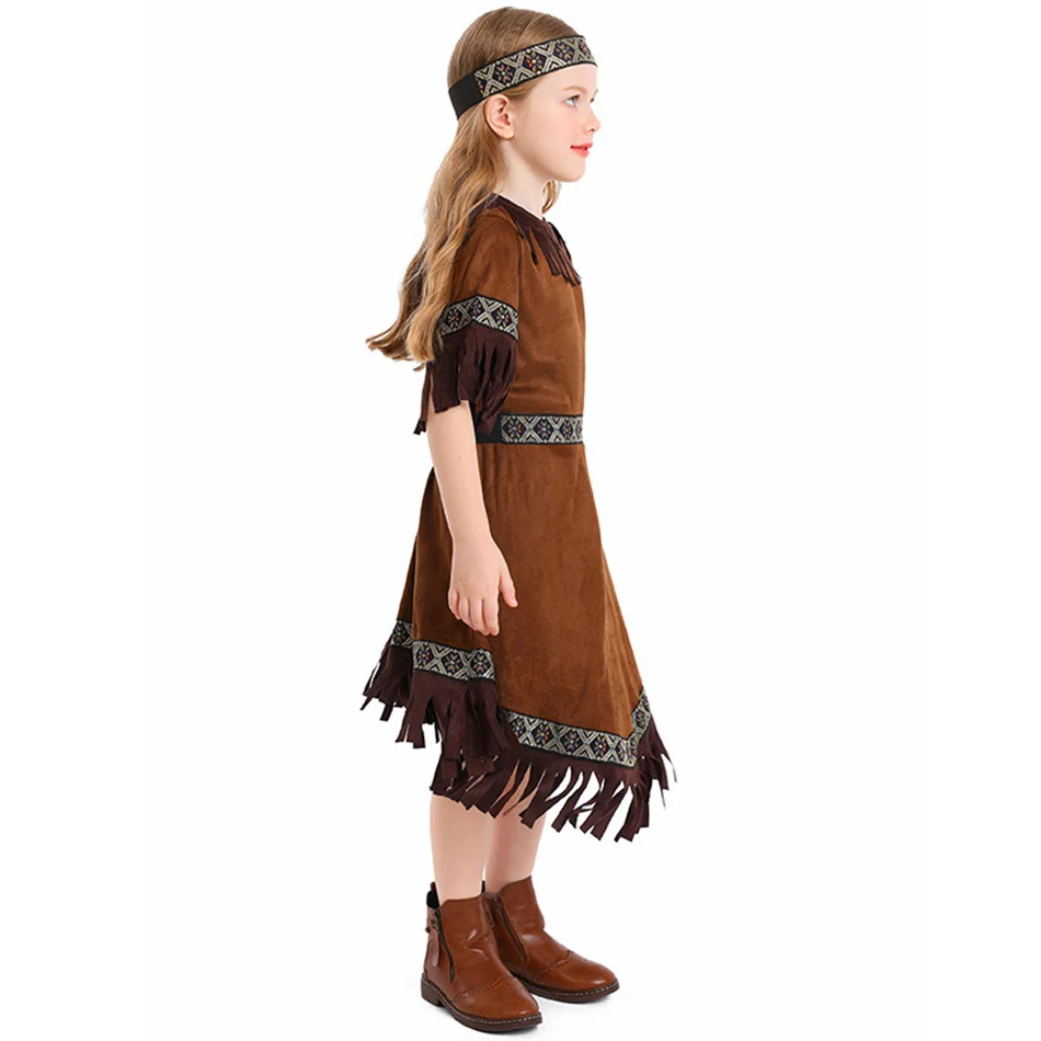 Girls Indigenous Primitive Tribal Tassel Skirt Children Indian Cosplay Stage Performance Dress Kids Carnival Halloween Clothes