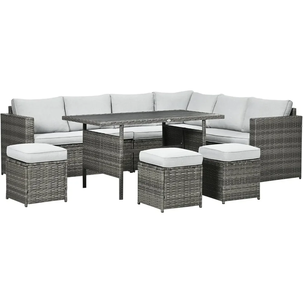 Rattan Outdoor Patio Furniture Set, L-Shaped Sectional Sofa Conversation Set with Loveseats, Ottomans, Dining Table