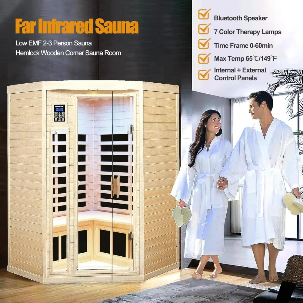 Far Infrared Wooden Sauna Room, 2-3 Person Home Sauna, Canadian Hemlock Indoor Corner Sauna Spa, 7 Low EMF Heaters, 2 Bluetooth