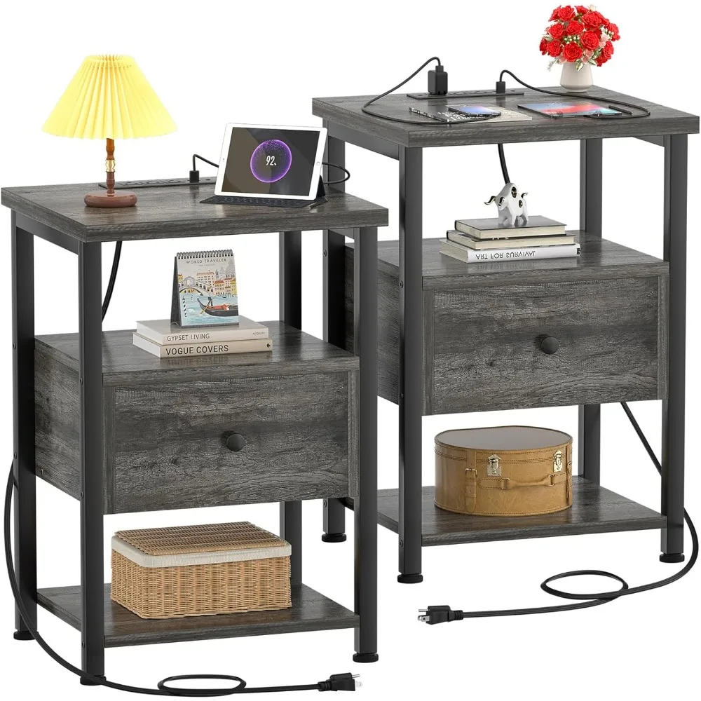 

Nightstand Set of 2, Nightstands with Charging Station, End Table Bedside Table with USB Port, Modern Nightstands