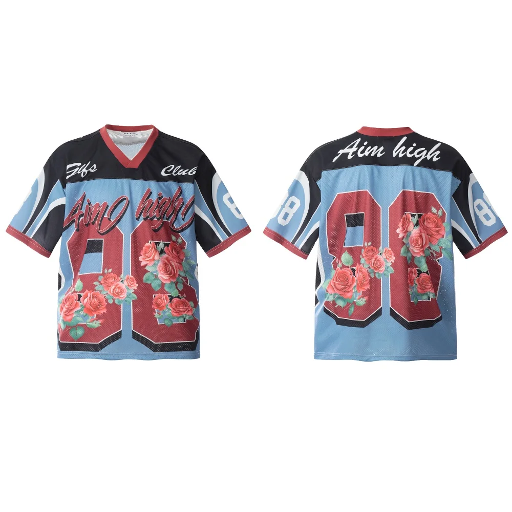 

Американский уличный стиль, цифровой спортивный трикотаж с v-образным вырезом и короткими рукавами, свободная футболка нишевого дизайна, модная для мужчин и женщин