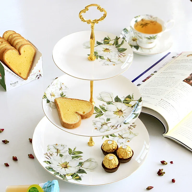 6+8+10inch, Fine Bone China Buffet Cake Plate Stand, Green Floral, Ceramic Porcelain Candy Dessert Plates, for Party