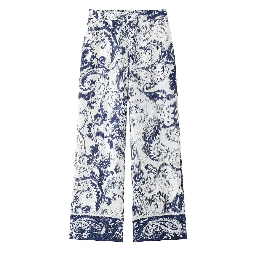 Tangada 2024 Autumn Fashion Women Flower Print Pants Trousers Lady Casual Pants BE0179