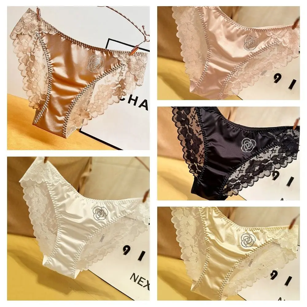 Ultra Thin Satin Lace Panties Low Waist Ice Silk Lace Underpants Female Lingerie Women's Underwear Rhinestone Flower Briefs