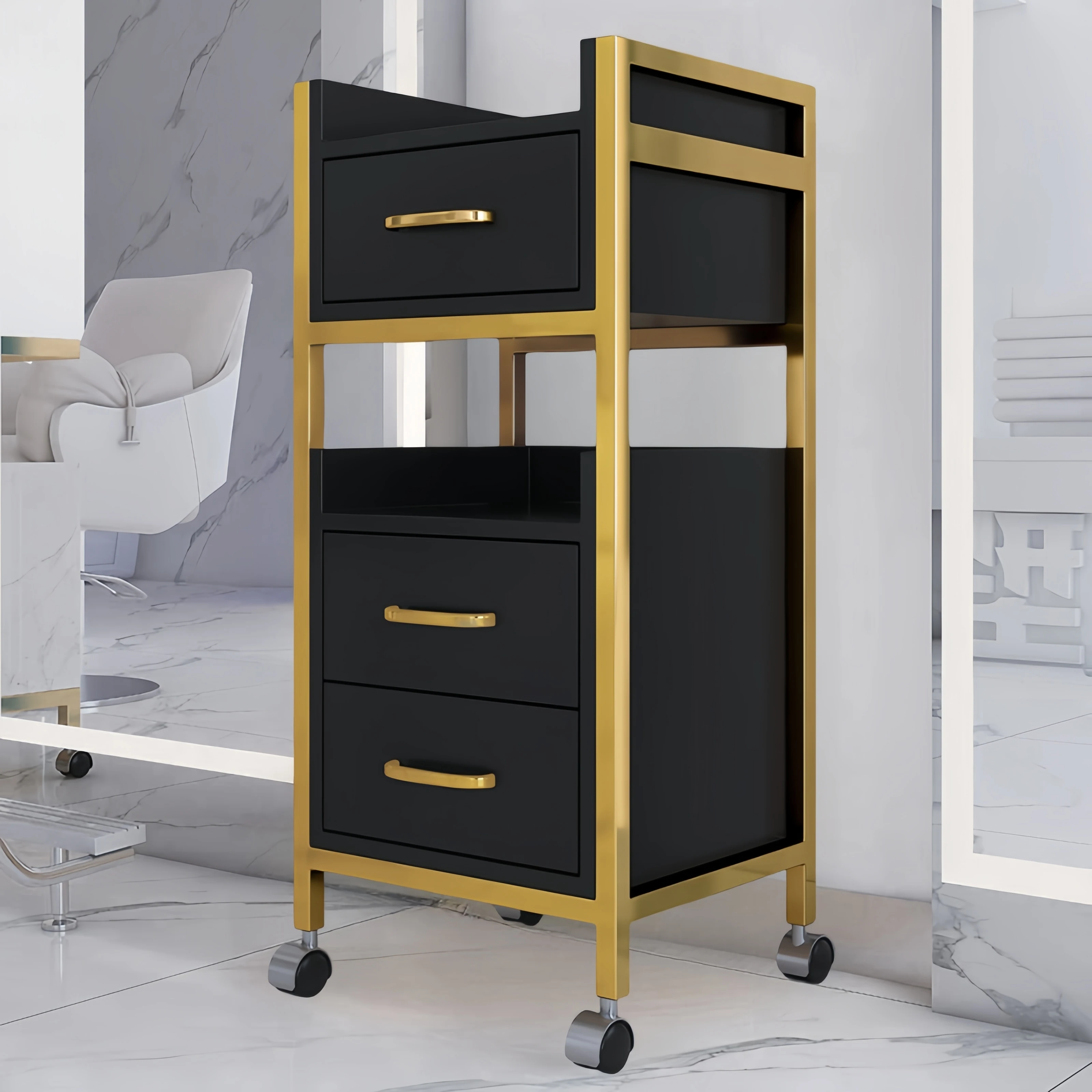 

Modern Heavy-Duty Metal Beauty Storage Trolley for Hair Salon Barber Shop and Bathroom Working Salon Equipment