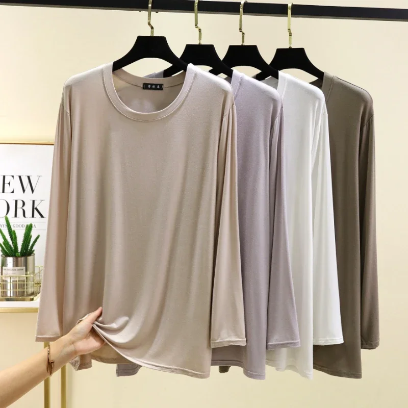 Modal Men's Long Sleeved T-Shirt Round Neck Long Sleeved Thin Fit Home Loose Oversized Casual Wear Autumn Bottom Shirt Gray Warm