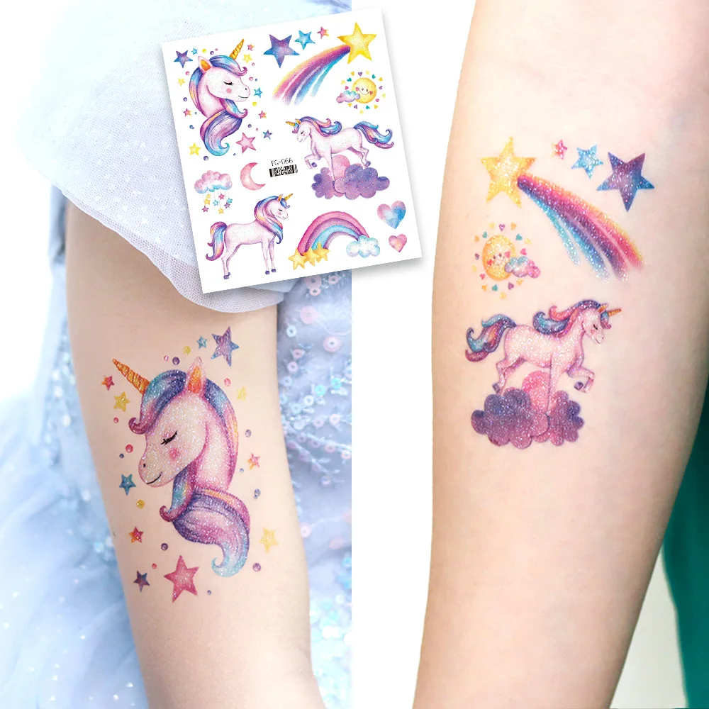 6 Sheets Glitter Unicorn Temporary Tattoos,Bling-Bling Shiny Rainbow Unicorn Stickers,Ideal for Slumber & Birthday Party Supply