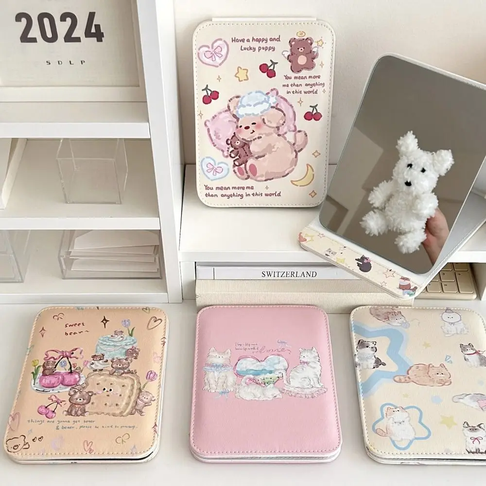 Pu Leather Desktop Stand Mirror Cartoon Puppy Flower Fold Makeup Mirror Delicate Compact Cosmetic Mirror Vanity Mirror Dormitory