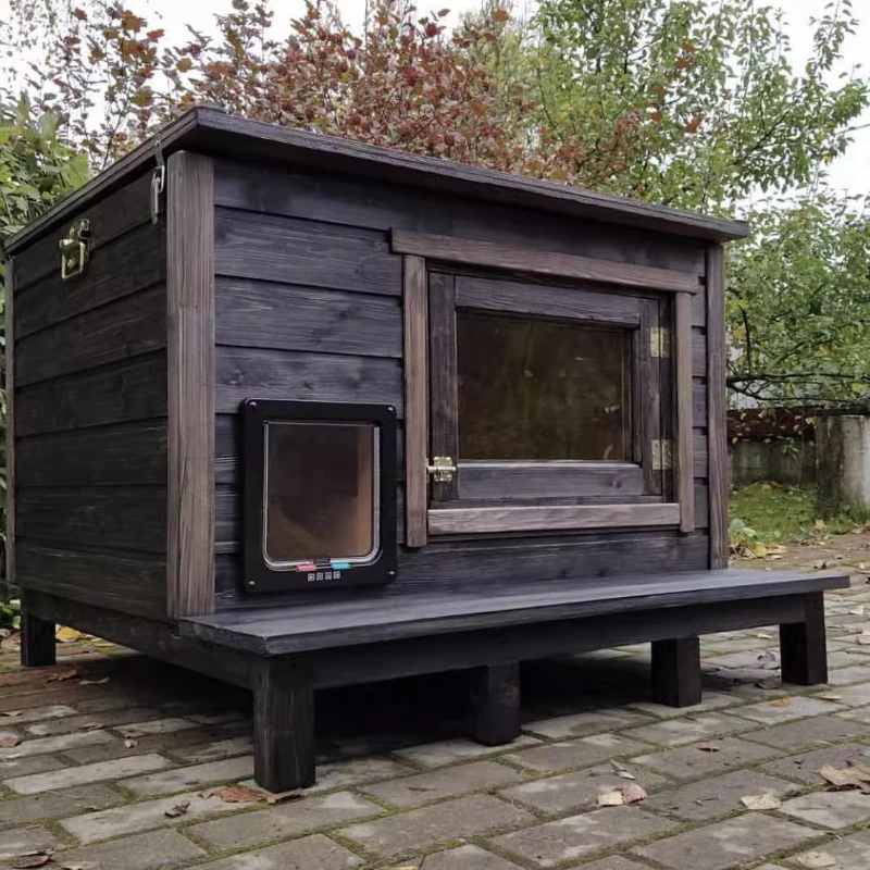 

Internet celebrity Solid wood outdoor house Indoor waterproof off the ground Flat top litter Small dog Outdoor pet room Cat cage