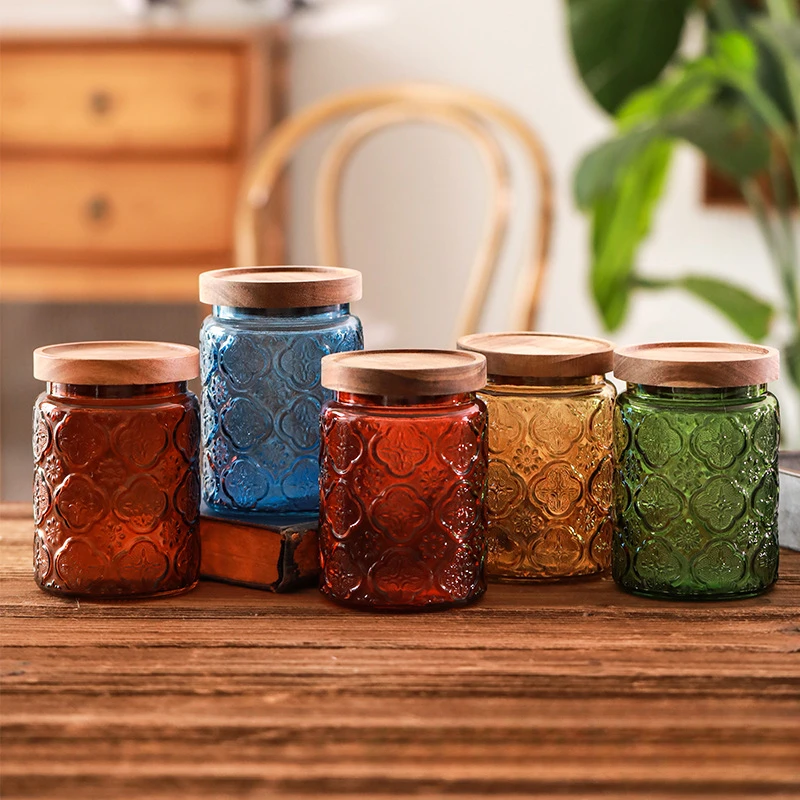 Vintage Glass Kitchen Storage Jar Kitchen and Pantry Glass Storage with Airtight Wood Lid for Cookies Candy Coffee Tea