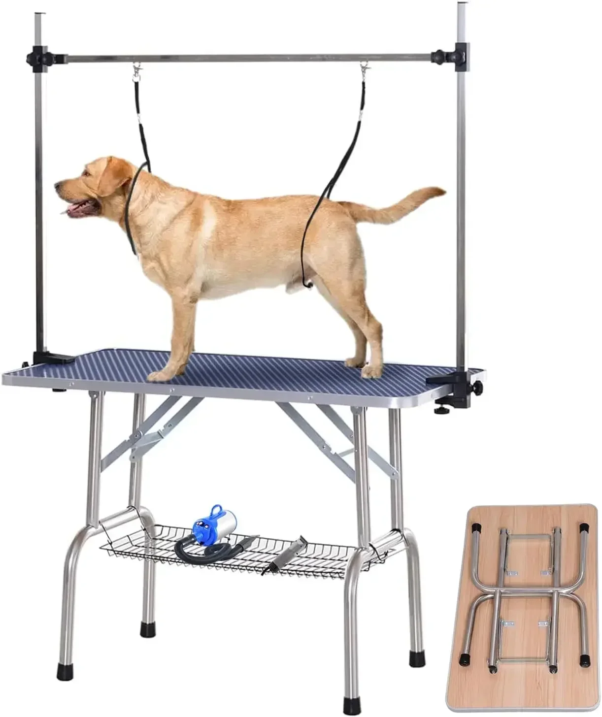 Large Dog Pet Grooming Table, Professional Adjustable Cat Drying Table, Foldable Trimming Station with Arms, Nooses, Mesh Tray,