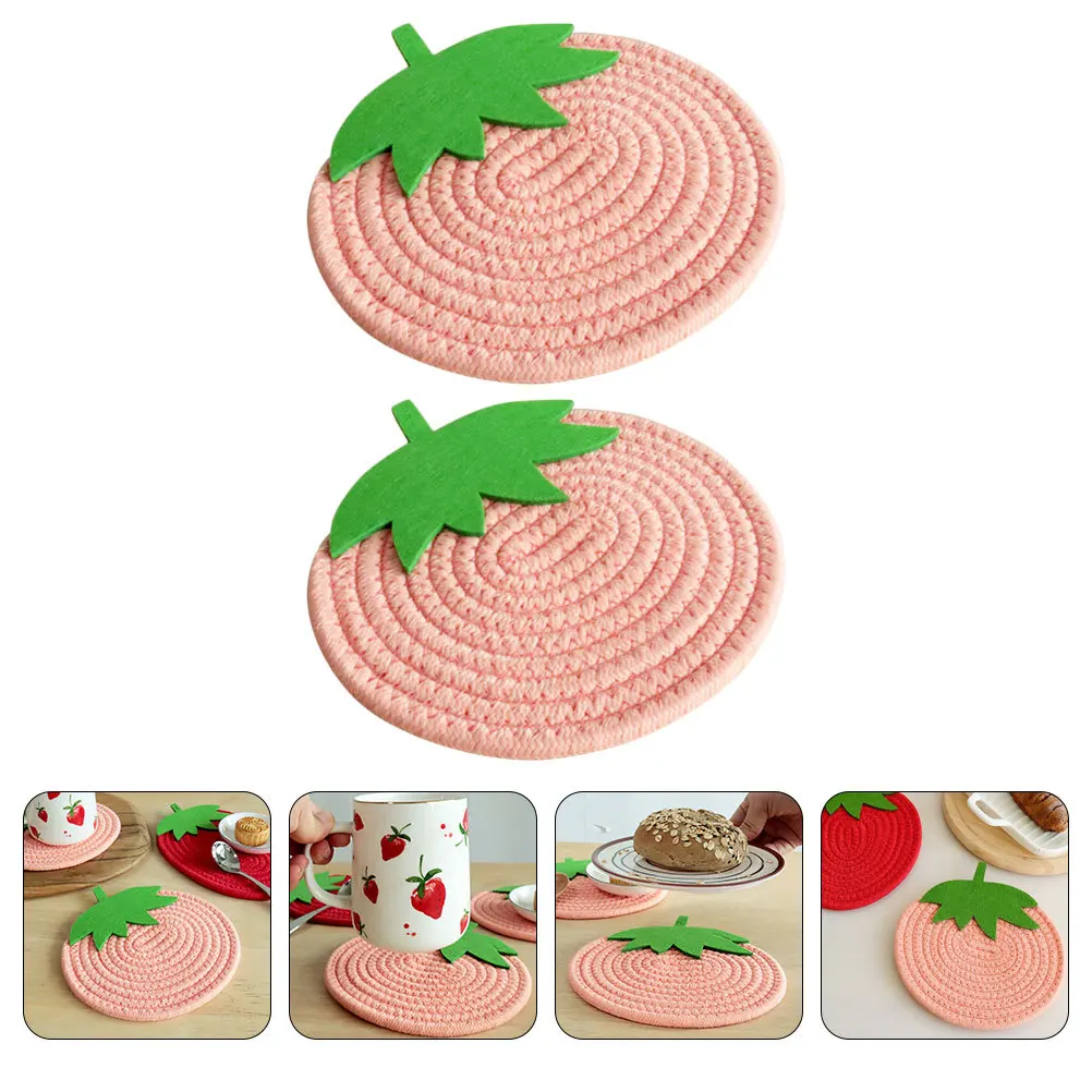2 قطعة شكل الفراولة القطن حبل المنسوجة تحديد الموقع العزل الحراري طاولة طعام ديكور عدم الانزلاق كوستر مكان حصيرة #5