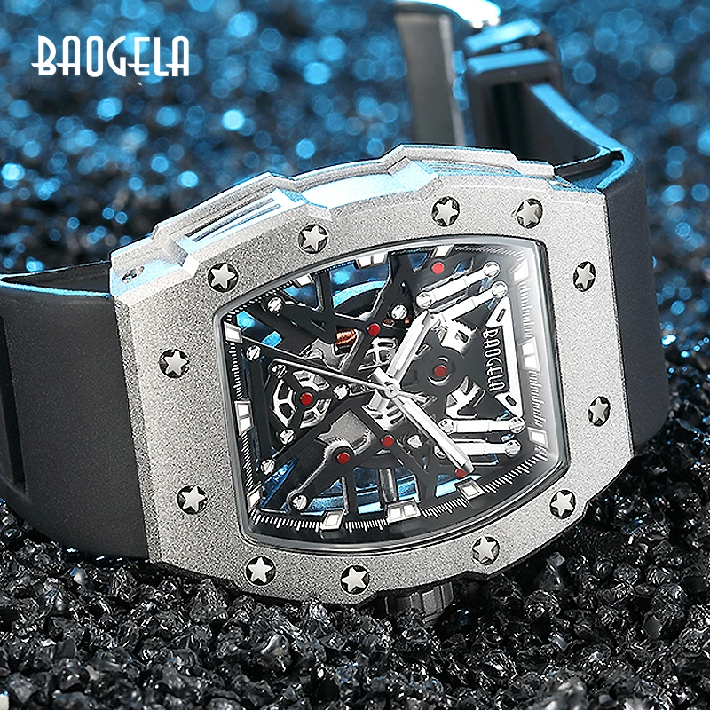 BAOGELA Top Brand Dominant  Mechanical Industrial Style Skeleton Luminous Waterproof Sports Watches 304 Steel Silicone Watch