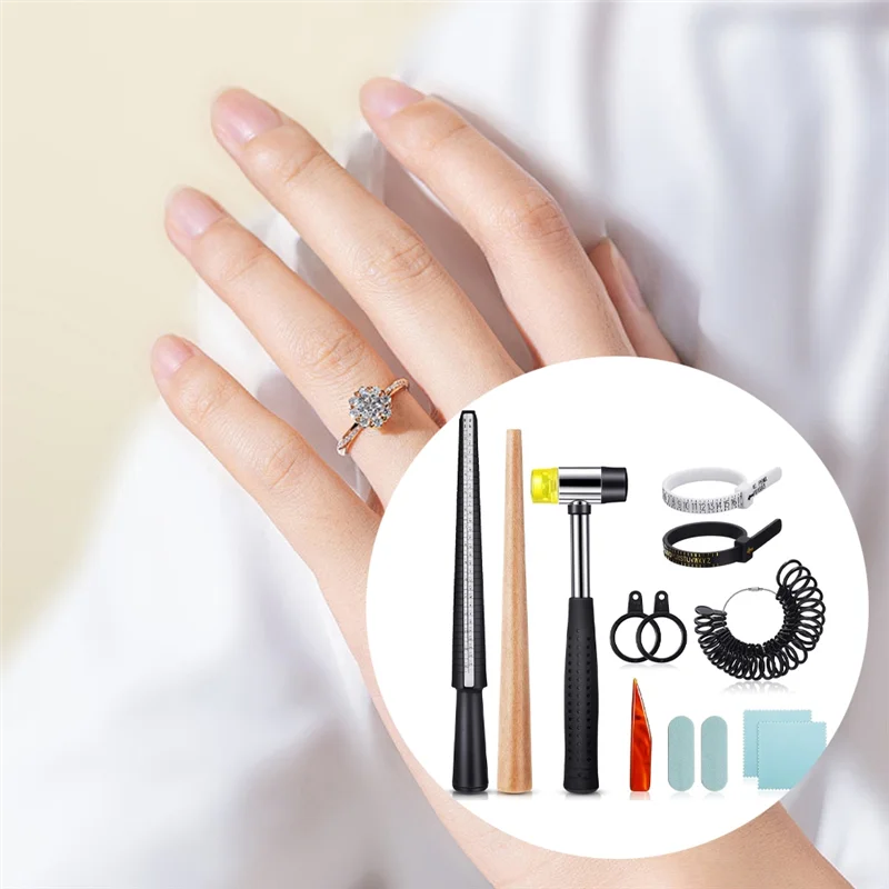 A26F-Ring Size Measuring Tool Belt 11 Piece Ring Mandrel Set, Ring Mandrel Jewelry Hammer Ring Sizing