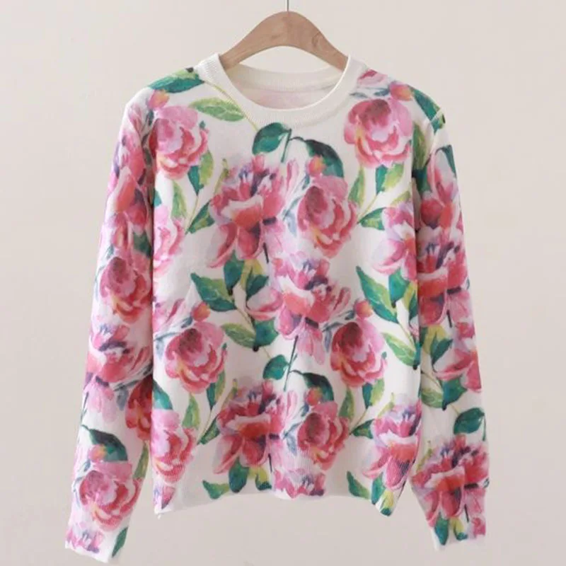 

Зимний вязаный свитер с цветочным принтом, пуловер, женский корейский модный свободный винтажный женский трикотаж с длинным рукавом, топы
