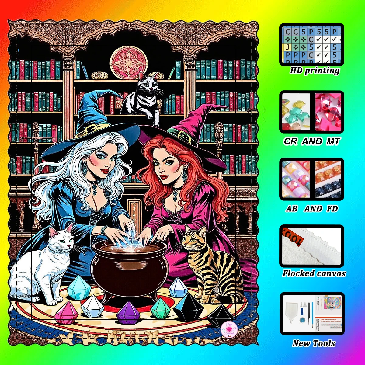 

【Gheys_ Diamond Art】Two witches and three cats Crystal AB Rhinestone Fairy Dust Rhinestone Perfect Resin Diamond