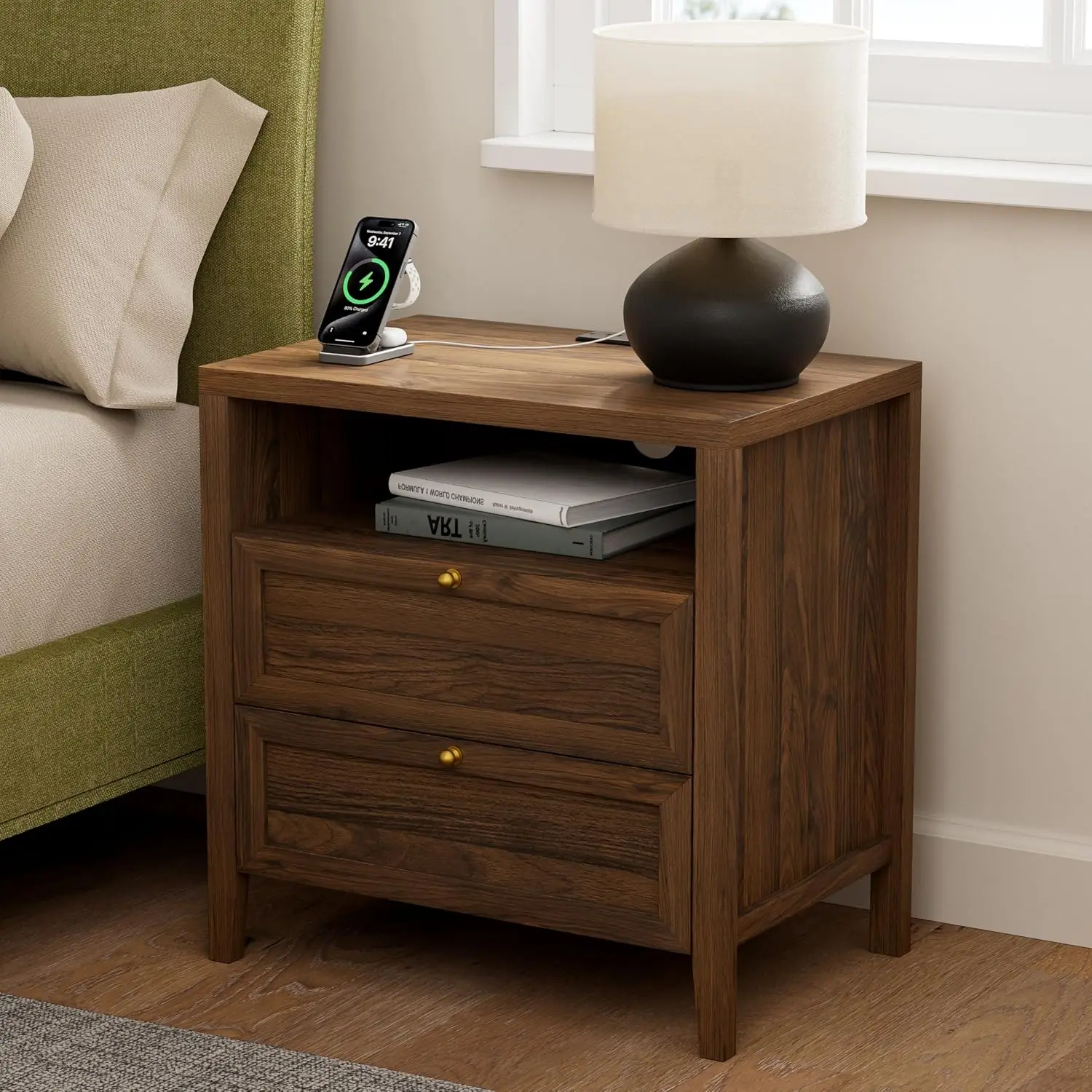 Wooden Nightstand with Charging Station & 2 Drawers, Farmhouse End Table with Open Shelf for Bedroom, Brown, Customized